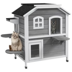 2-Storey Outdoor Cat House, Wooden Catio with Openable Roof, Lounge Space, Fun Entrances, for Feral Cats, Grey (Option: Grey)