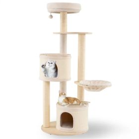 60 Inch Tall Wooden Cat Tree Multi-Level Cat Tower with Sisal Scratching Posts & Condos for Indoor Cats, Natural (Option: Default title)