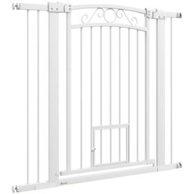 Dog Gate, Walk Through Pet Gate w/ Small Pet Door, Auto Close, for Doorways, House, Stair, 30"-41" W x 38" H (Option: White)