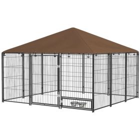 6.9' x 4.6' x 5' Outdoor Dog Kennel with Canopy, Rotating Bowls, Coffee (Option: Coffee)