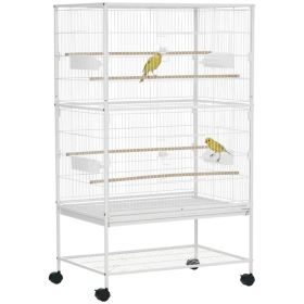 52" Large Rolling Steel Bird Cage Bird House with Rolling Stand, Storage Shelf, Wood Perch, Food Container, White (Option: White)
