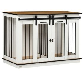 47in Dog Crate Furniture with Divider Panel, Wooden Dog Kennel TV Stand for Large Breeds, Pet House Side Table for 2 Small Breeds with 2 Rooms De (Option: White)
